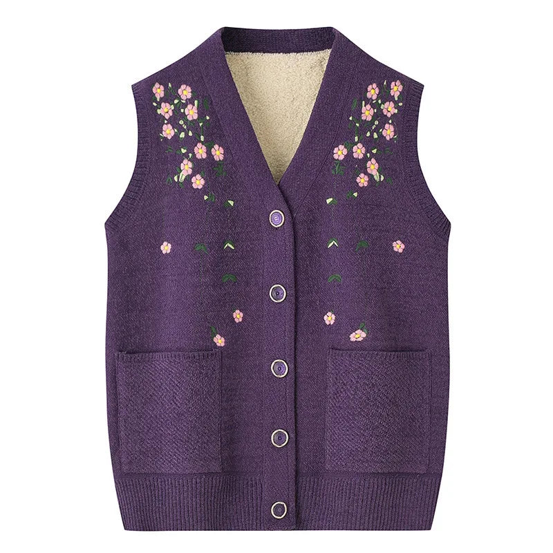 Grandma's Vest Autumn Winter Embroidered Middle Aged Mother's Outfit Cardigan Jacket Knitwears Sweater Women Wool Velvet Sueter