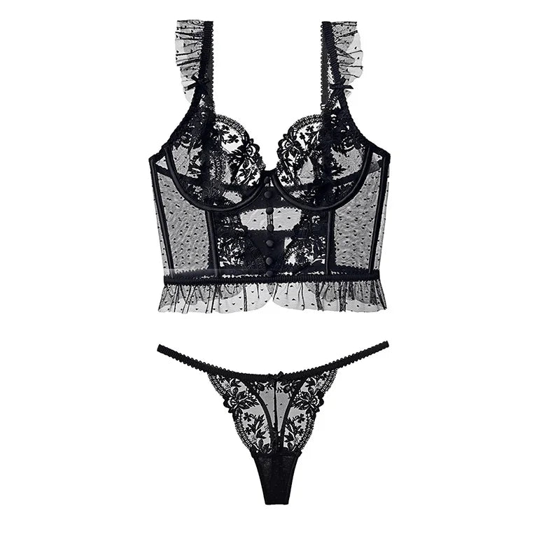 Embroidery Sexy Women Bra Set Underwear Push Up Brassiere Lace Transparent Bra Panty Sets Wedding Bralette Thin Underwear