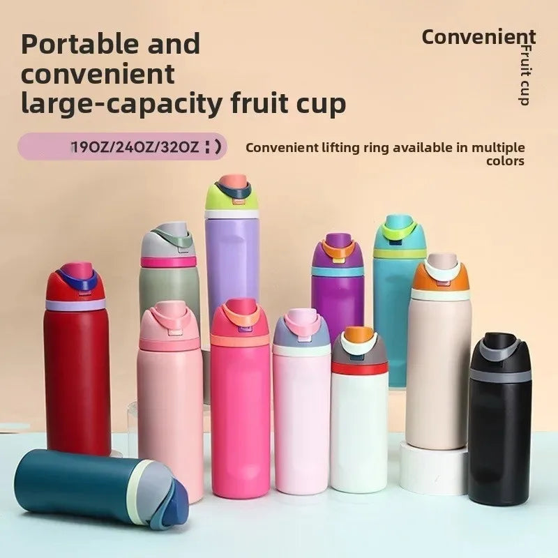 19/24/32oz Thermos Cup Fruit Mug Kids Straw Cup Vacuum Flasks Stainless Steel Travel Thermal Water Bottles