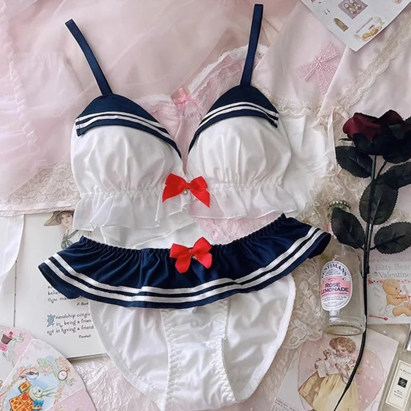 Sexy Bra Set for Women and Girls, Navy Style, Breathable Thin No-Wire Triangle Cup, Lifting and Slimming Bra Two-Piece Set
