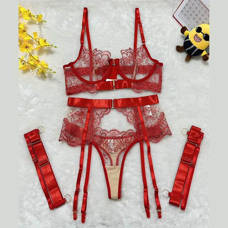 European And American Women Transparent Bra Underwear Set Embroidered Metal Buckle Strap Bra Body Shaping Fashion Underwear