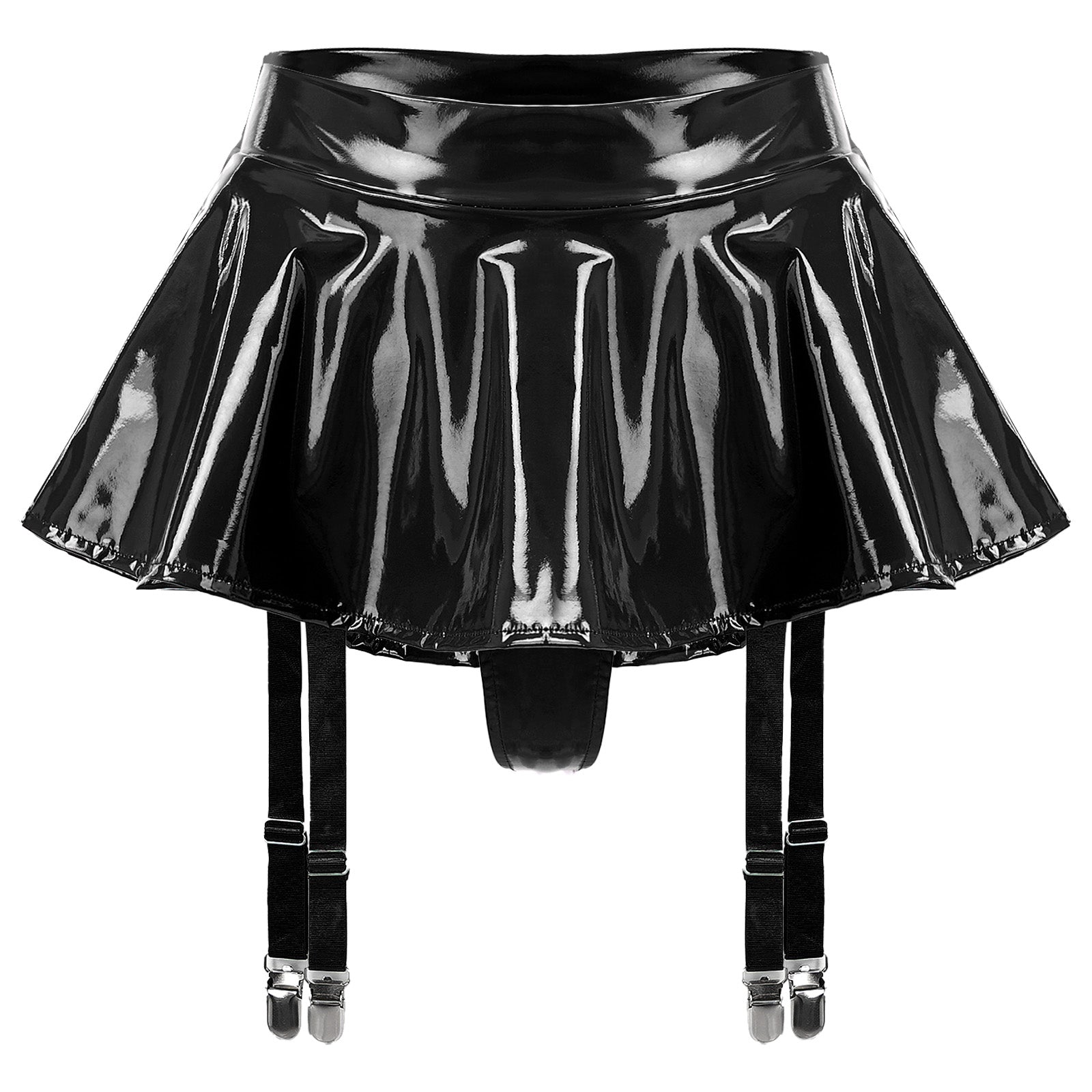 Lingerie Sexy Set Women Wetlook Patent Leather Wire-free Open Cup Sexy Bra with Ruffle Built-in Thongs Garter Belt Mini Skirts