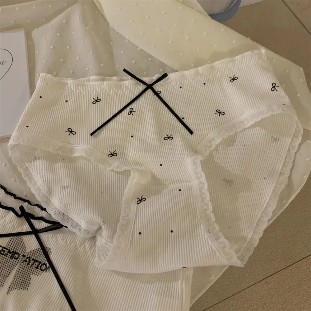Lingerie Mid-waist Underwear for Women Ruffle Stripe Sweet Cotton Panties Underpants Dots Bow Briefs Girl