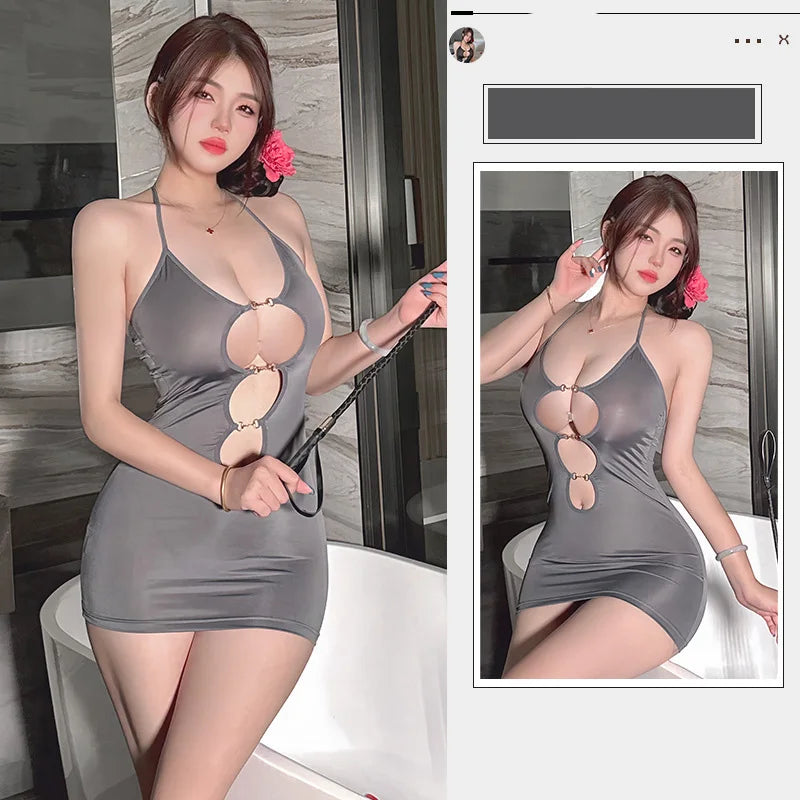 Lingerie dress Tight hollowed out smooth leopard print wrap skirt Womens dresses Woman clothing Winter one-piece dress Sex shop