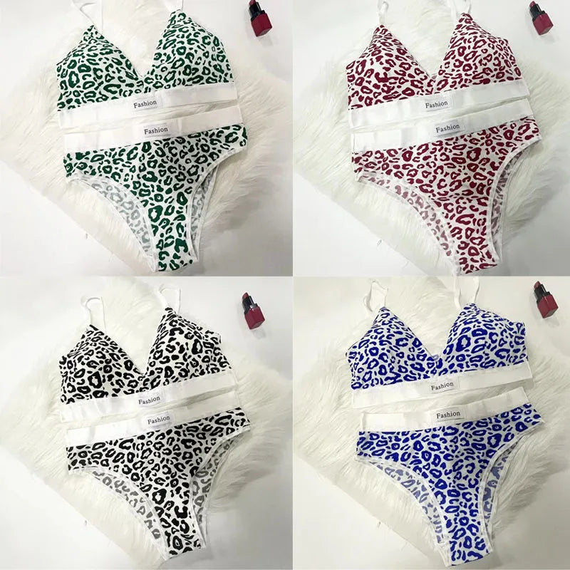 1/2/3/4Set Women Seamless Bra Set Low Waist Panties Leopard Bralette Sexy Vneck Sport Brassiere Female Cotton Underwear Set
