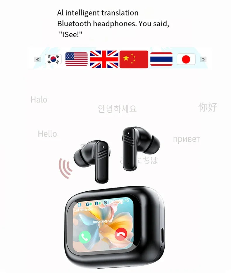 Bluetooth V6.0 AI Translation Headphones OWS Wireless Earbuds with LCD Touch Screen HD Stereo Sound Long Battery Life for Sports