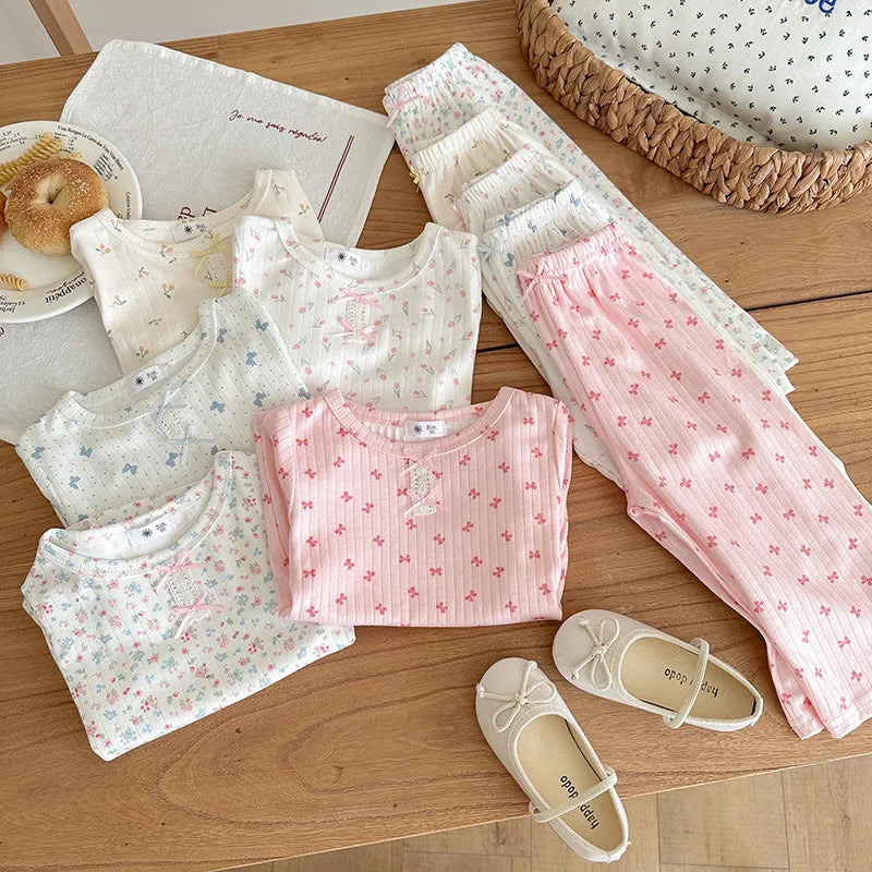 Summer New Girl's Clothes Korean Version Floral Short Sleeve T-shirt+Long Pants Home Wear Two Pieces Set Breathable Clothes