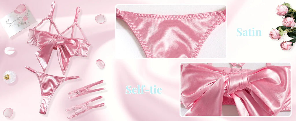 Women's 3 Piece Lingerie Set Sexy Hollow Out Satin Bow Tie Bra and Panty Set with Thigh Straps