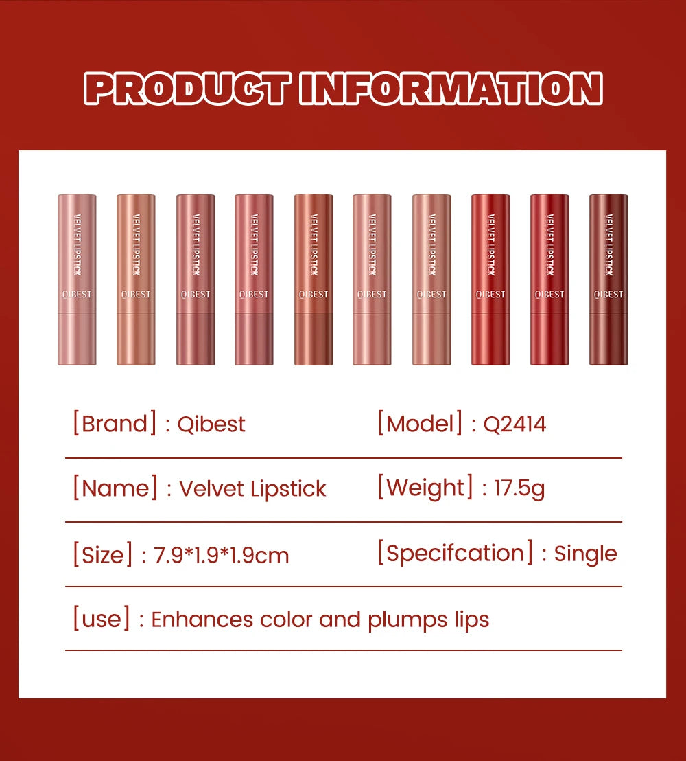 QIBESTNatural Velvet Matte Lipstick Long-lasting 10 Color Lip Stain Lightweight Moisturizing Lip Balm Women Makeup New Lip Tint