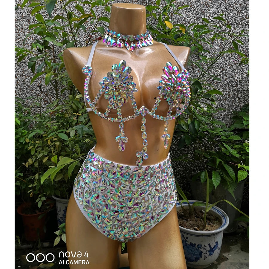 New Women Belly Dancing Wire Bra Top High Waist Pants Samba Carnival Costume Set For Hot Girl Nightclub Stage Dancer Wears