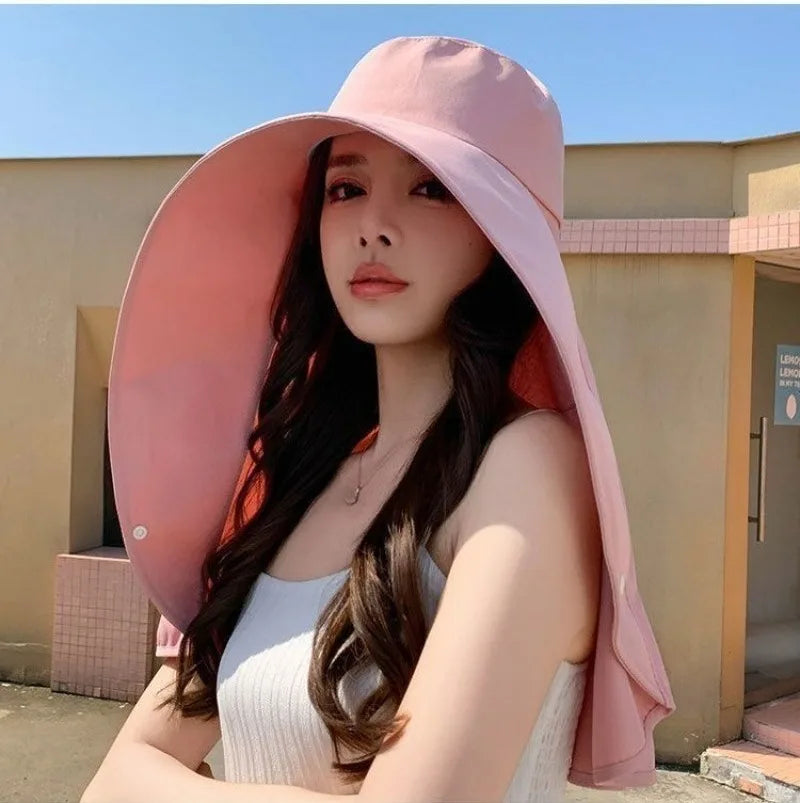 Summer Hats for Women Outdoor UV Anti Neck Protection Sun Visors for Lady Fishing Hiking Wide Brim Shawl Sunscreen Ponytail Cap