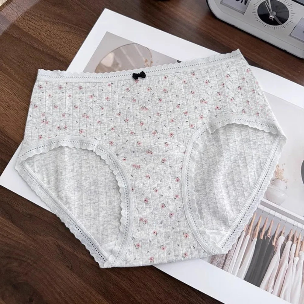 Lingerie Mid-waist Underwear for Women Bear Grid Sweet Floral Panties Underpants Bow Cotton Briefs Lady