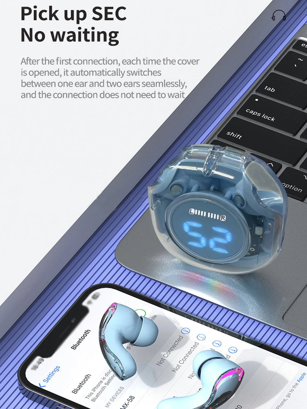 In-ear Bluetooth earphones, battery level display eardphones, long battery life and low latency