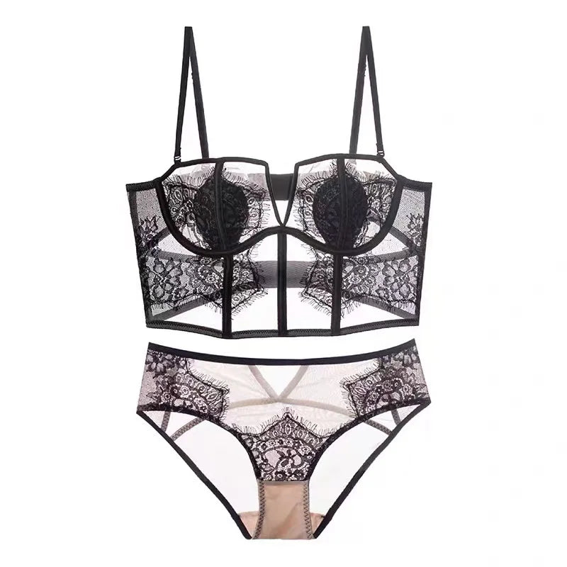 Sexy fishbone vest bra panty set eyelashes lace perspective soft steel ring anti-sagging underwear women bralette