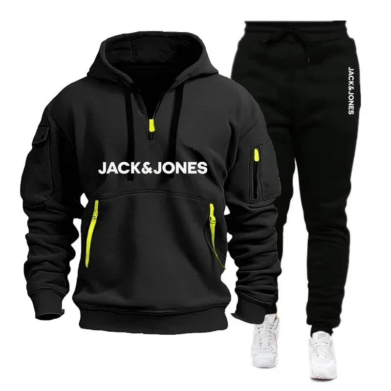 A two-piece outdoor fashion jogging and fitness set for men in autumn and winter, featuring a hooded sweatshirt and casual pants