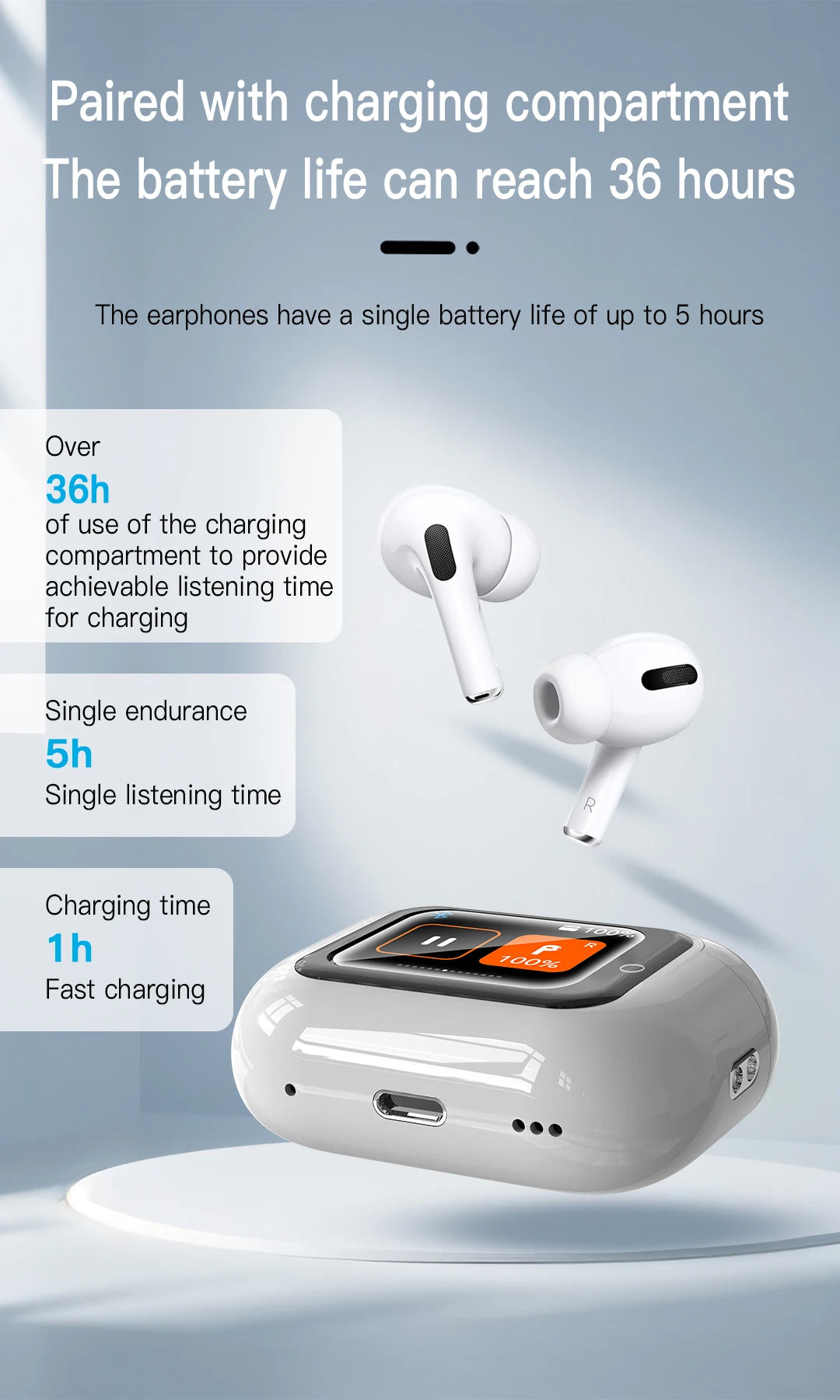 Wireless Earphones With Bluetooth 5.3 In-Ear Headphones Intelligent Noise Reduction Long Battery Life LED Color Screen Display