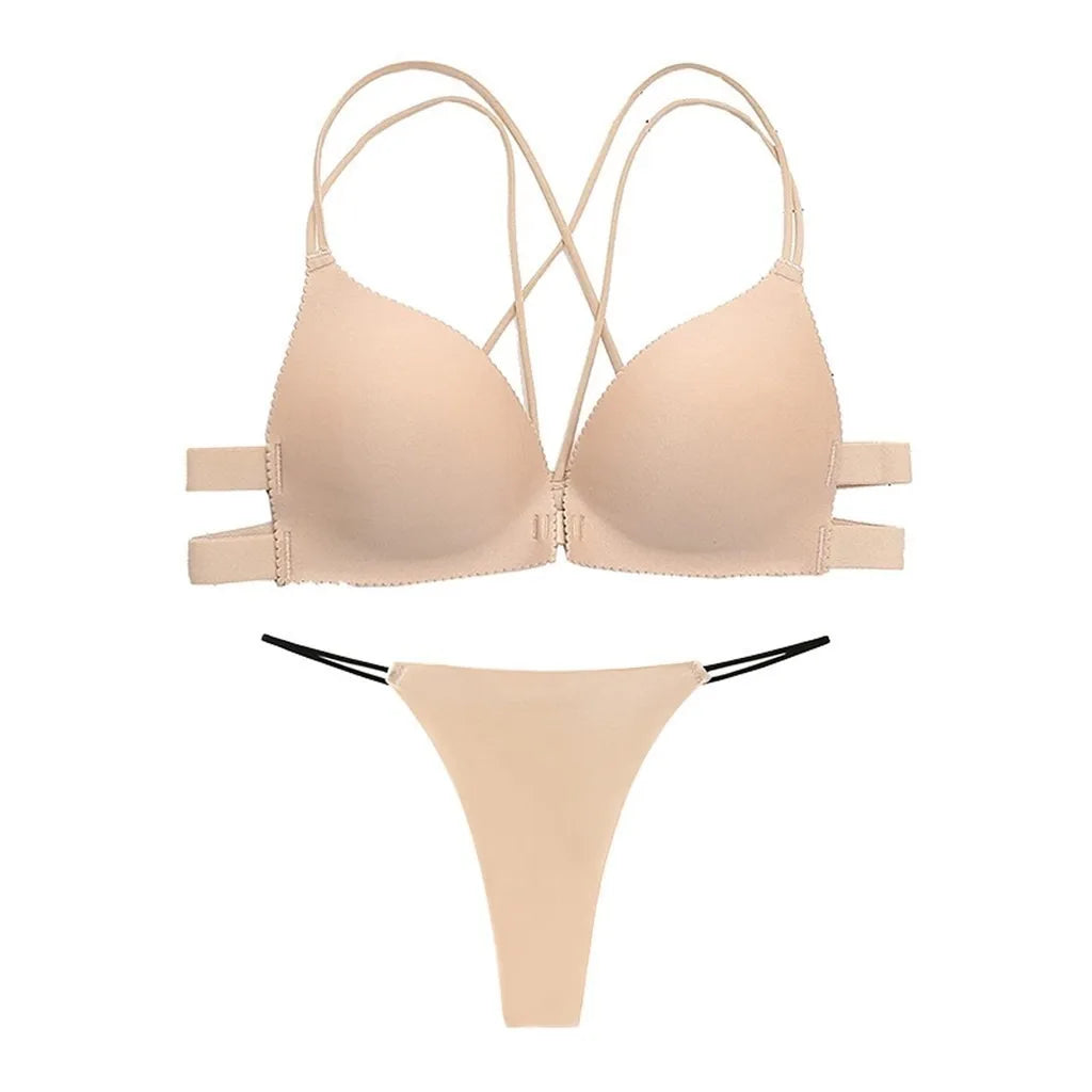 ZXYOUPING Women Bra and Panty Set, Front Button Push-up Bra, Sexy Thong Underwear Set, Seamless Bra and Panty Set Without Wires