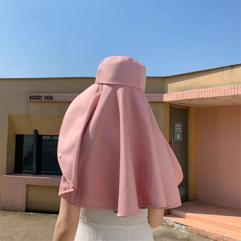 Summer Hats for Women Outdoor UV Anti Neck Protection Sun Visors for Lady Fishing Hiking Wide Brim Shawl Sunscreen Ponytail Cap