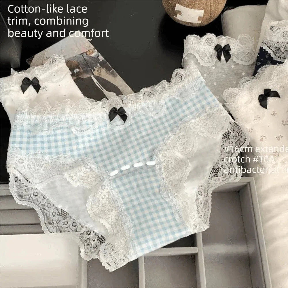 Lingerie Mid Waist Sweet Lace Panties Tulip Bow Underwear for Women Polka Dot Grid Floral Cotton Pnaties Female