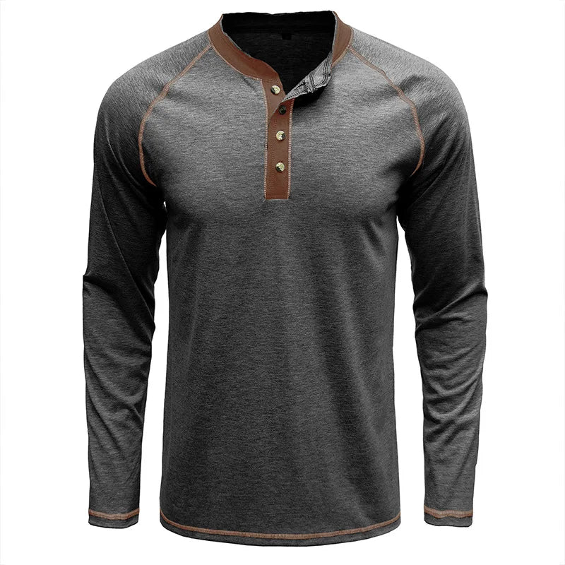 Summer  Autumn Men's American Heavy Cotton Henry Shirt  Long Sleeve Fitness Tough Guy T-Shirt Casual  T Shirt for Men Clothing