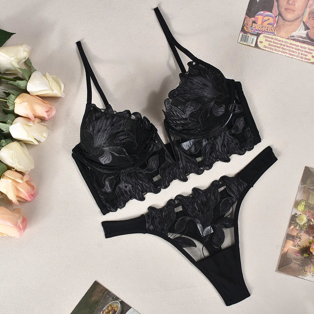 Sexy French Deep V Embroidery Mesh Lingerie Set Autumn Women's Ultra-thin Lace Bra and Panty Set Female Solid See Though Bra