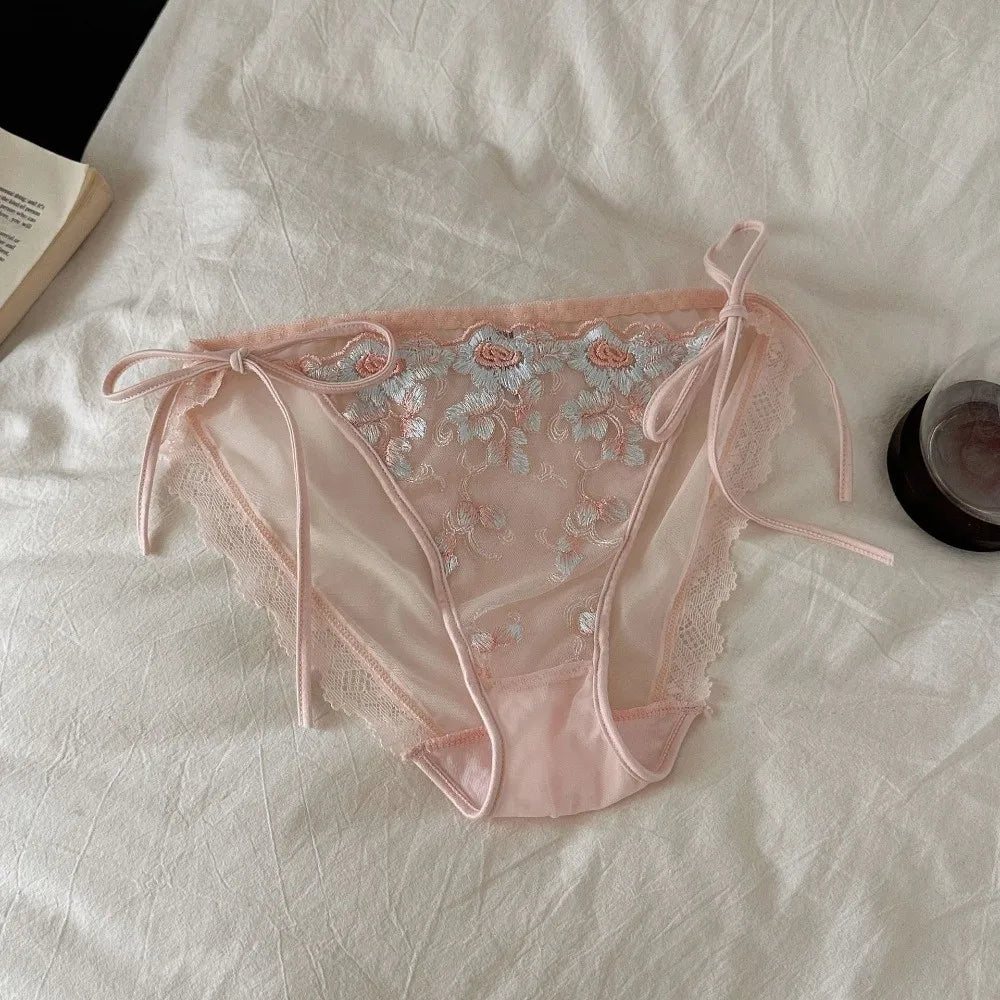 Lingerie Low Waist Embroidery Flower Panties Cotton Crotch Sweet Underwear for Women Transparent Lace-up Underwear Lady