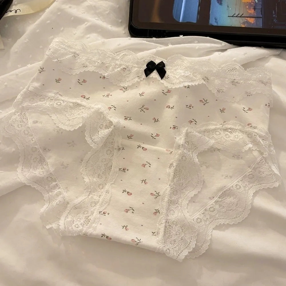 Lingerie Mid Waist Sweet Lace Panties Tulip Bow Underwear for Women Polka Dot Grid Floral Cotton Pnaties Female
