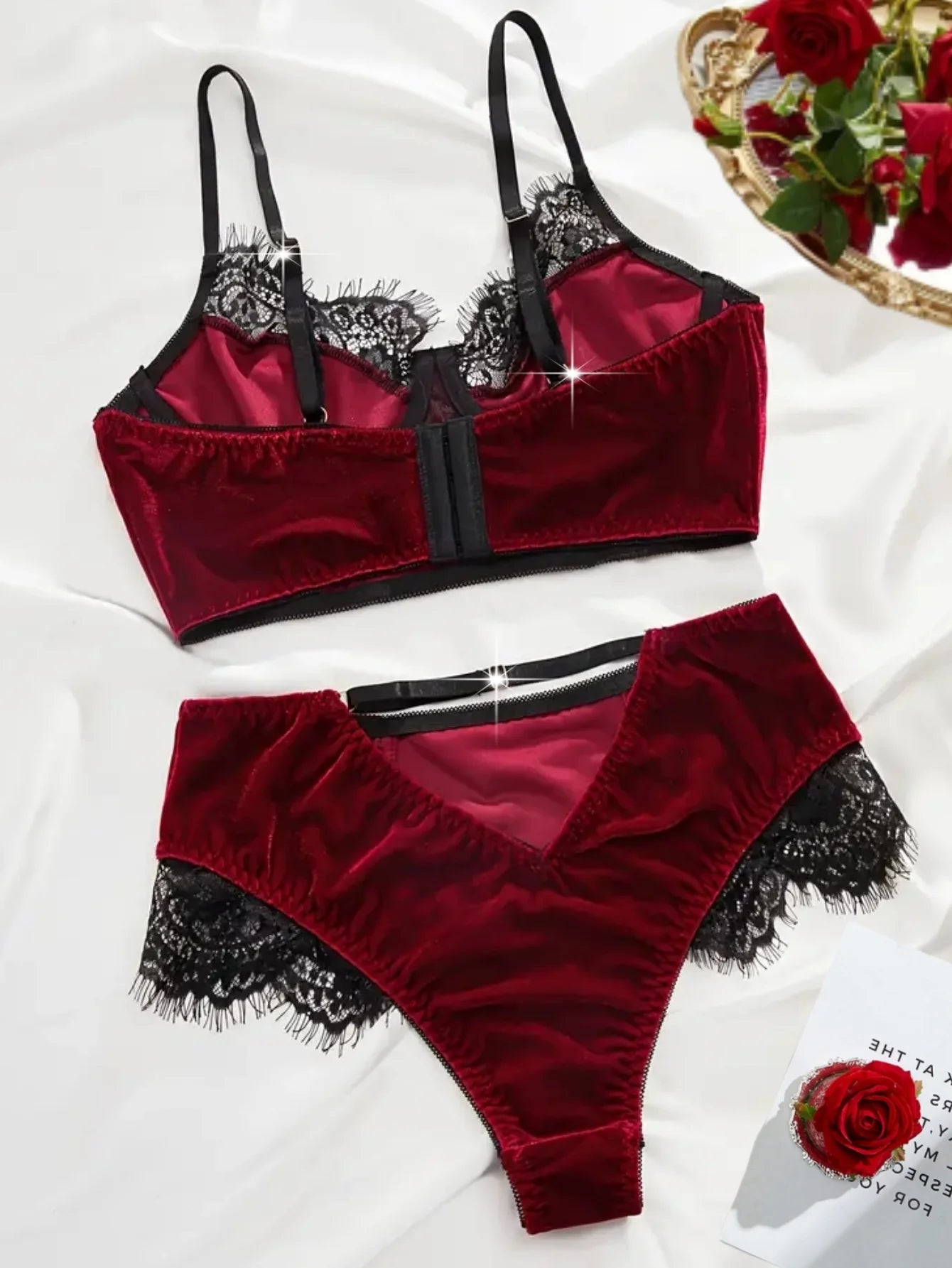 2-Piece Flocked Bra And Panty set For Women, Matching Lace Underwired Bra Set, Hollow Design At The Back Of The Pants, Soft And