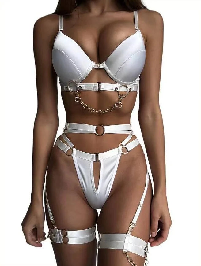 Women Lingerie Sexy Porn Underwear Halter Bra And Panty Set Luxury Garter 3 Pieces With Chain Lady Erotic Sets Sexy Outfit