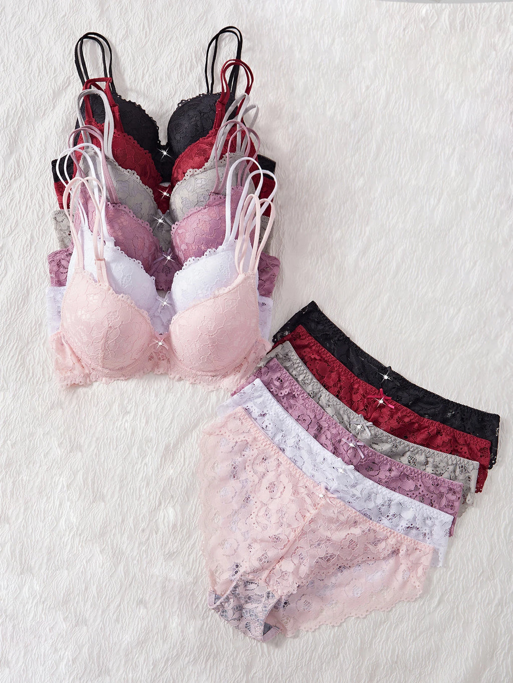 6-Piece Set Women's Bra and Panties Set Sexy Patterned Lace Patchwork No Lining Comfortable Fitting Women's Push-Up Bra Women's Underwear Set