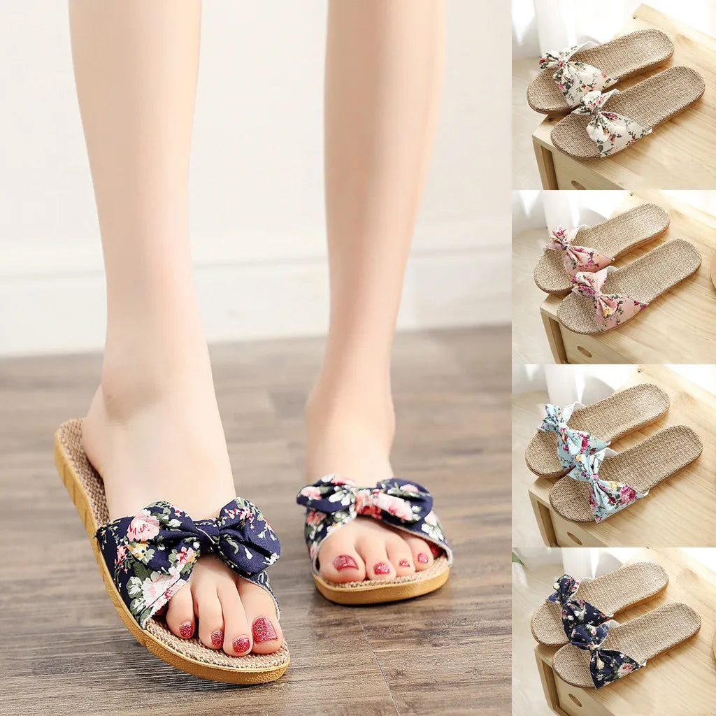 Shoes For Woman Sandalias Mujer Women Female Bowknot Flax Linen Flip Flops Beach Shoes Sandals Slipper Chaussures Femme