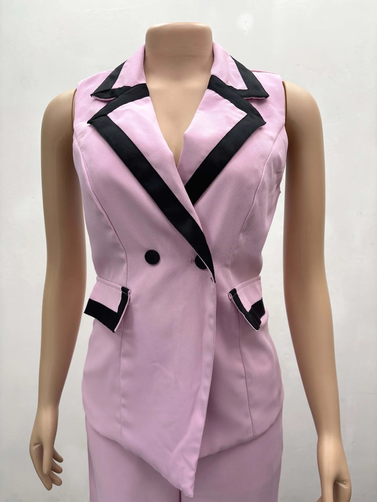 Pants Set Women Two Piece Sets Matching Sets Work Elegant Double Breasted Tops Vest Wide Leg Long Pants High Waist Y2k Pink