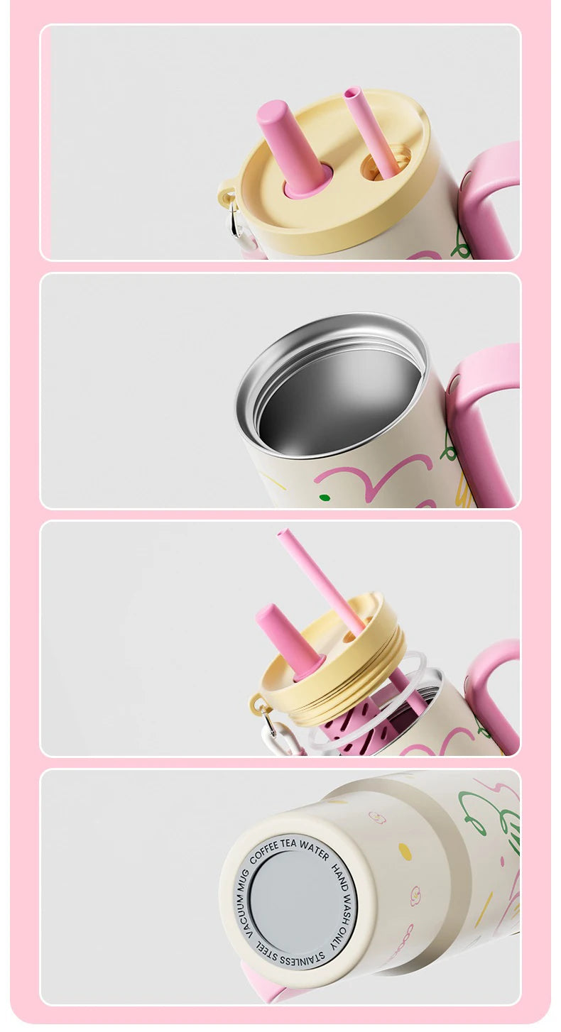 COOKER KING Spot Goods Vacuum Cup Thermal Mug Straw Insulated Ice Cup Car Thermal Mug with Handle Stylish Insulated Coffee Cup