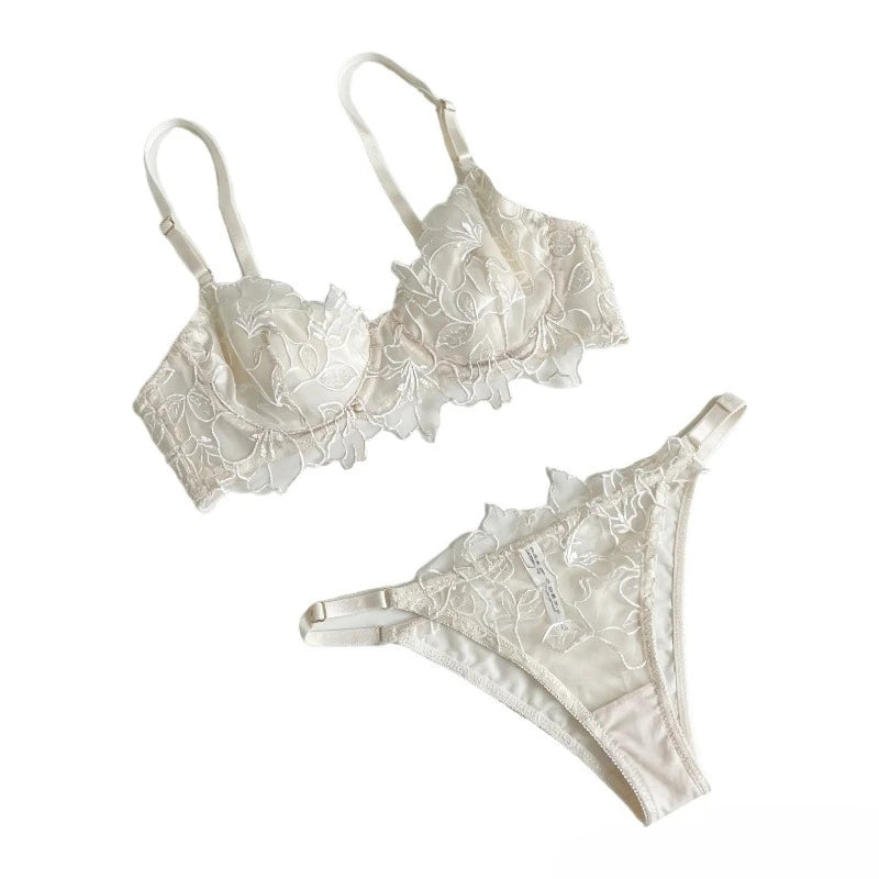 Padded Bra Set Small Bust | Lace Embroidered & Mesh Underwear Set with Soft Underwire, Comfortable Demi Cup Sexy Tushy Panty PP