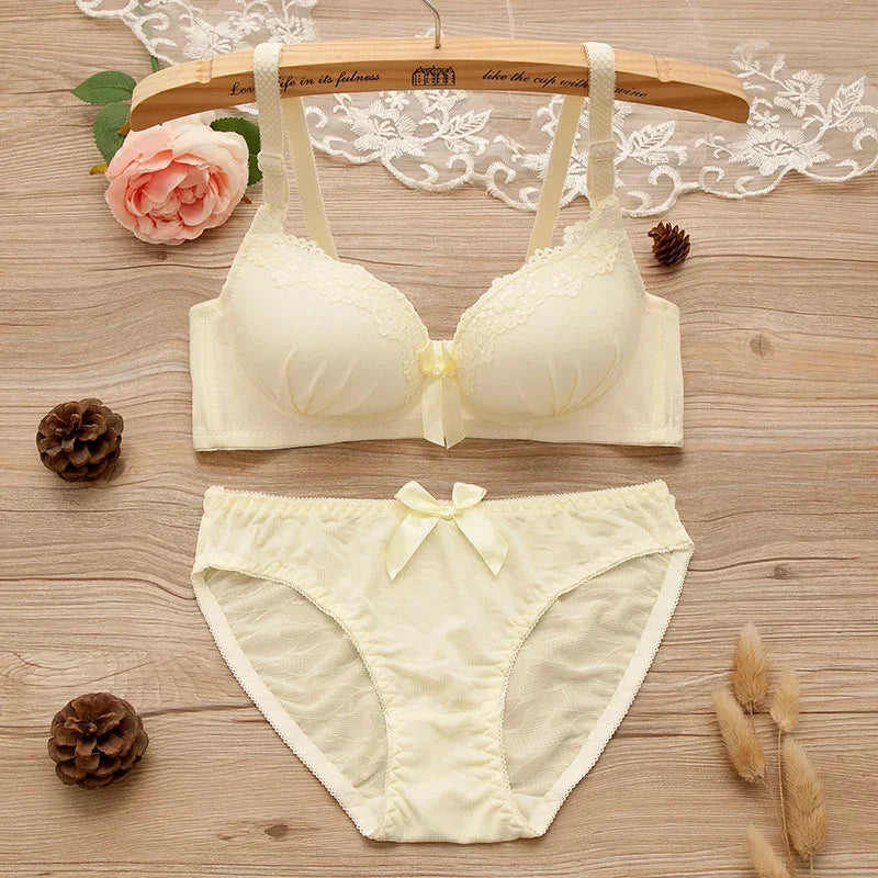 2pcs/set Solid Color Lace Bow Sexy No Steel Rings Comfortable Girls Bra Gather Adjustable Bra Panties Set Teen Underwear Puberty