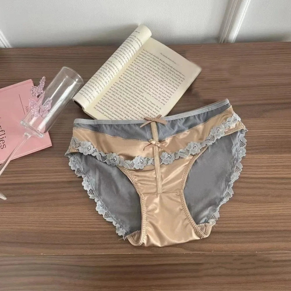 Lingerie Bow Lace Flower Panties Seamless Transparent Underwear for Women Patchwork Mid Waist Mesh Lace Briefs Girl