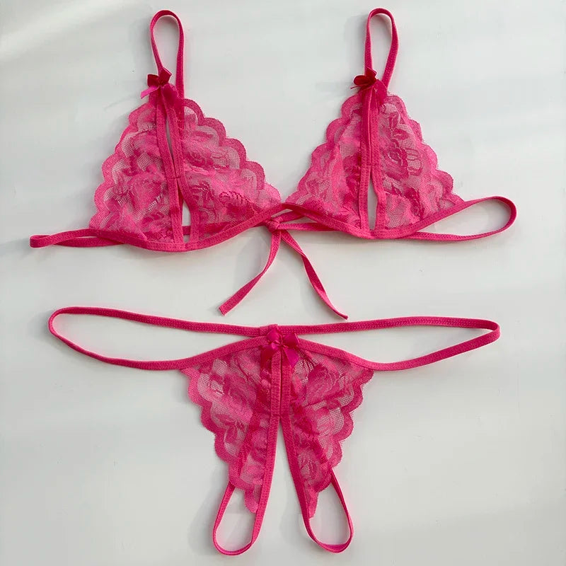 Sexy Lace-up Lingerie Set Women Hot Open Crotch Transparent Sexy Bra and Panty Sets Sex Temptation Erotic Couples Date Underwear
