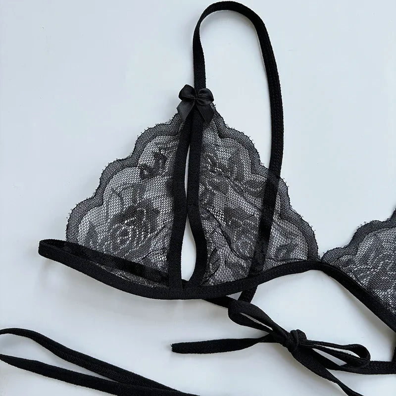 Sexy Lace-up Lingerie Set Women Hot Open Crotch Transparent Sexy Bra and Panty Sets Sex Temptation Erotic Couples Date Underwear