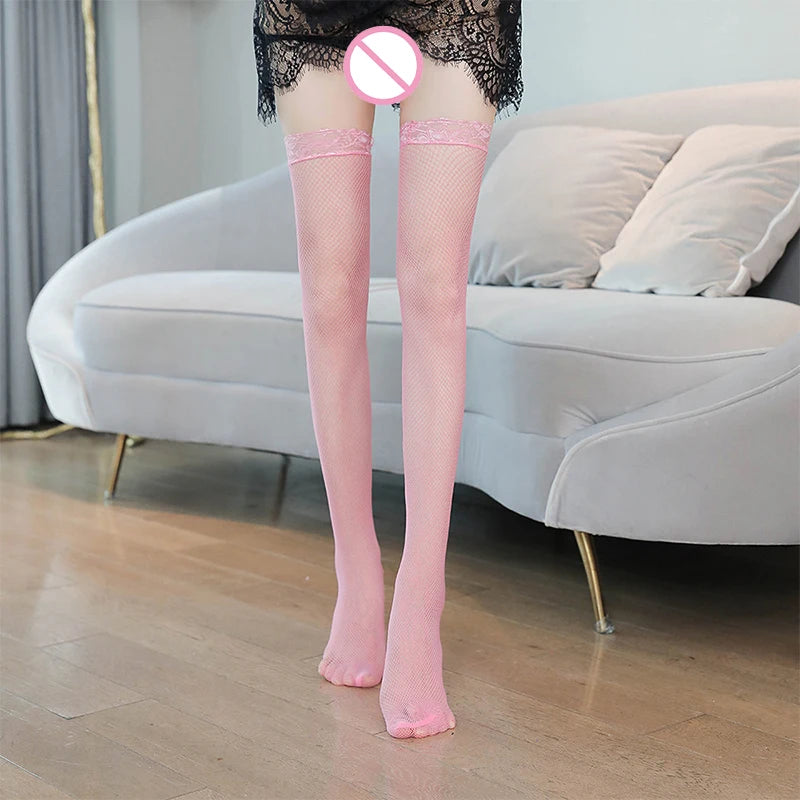 Lingerie Open Crotch Stockings Thigh-High Stockings Lace Trim Sexy Fishnet Stockings Seductive And Alluring