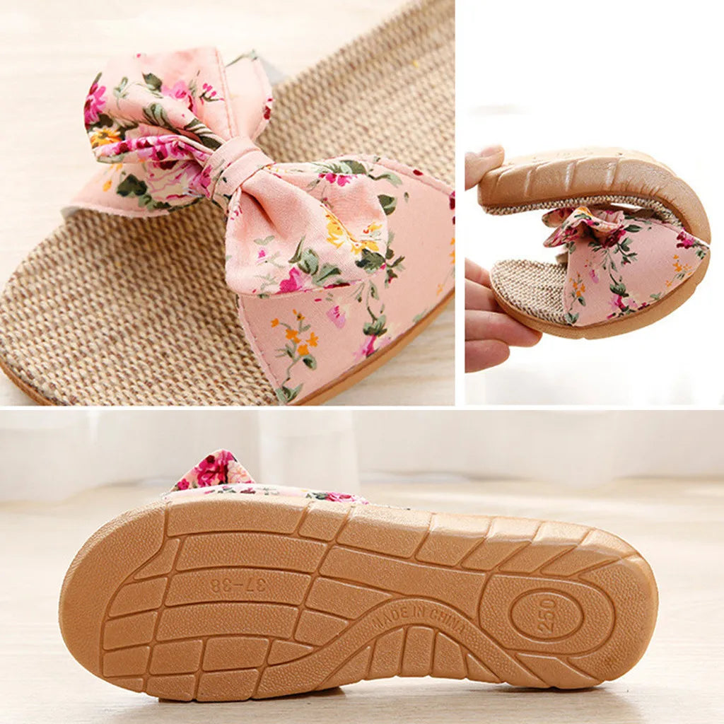 Shoes For Woman Sandalias Mujer Women Female Bowknot Flax Linen Flip Flops Beach Shoes Sandals Slipper Chaussures Femme