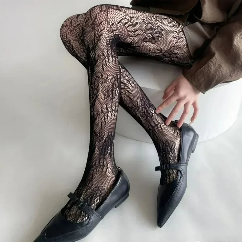Lingerie Women Sexy Hollow Out Mesh Fishnet Pantyhose Lolita Sweet Girls Punk Style Floral Tights Colorful Thigh High Stockings