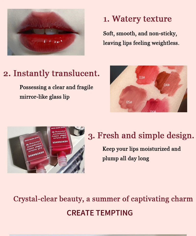 6 colors Light Glass-Like Lip Lacquer - Mirror Shine, Hydrating Formula; Smudge-Proof, Long-Wear, and Skin-Brightening