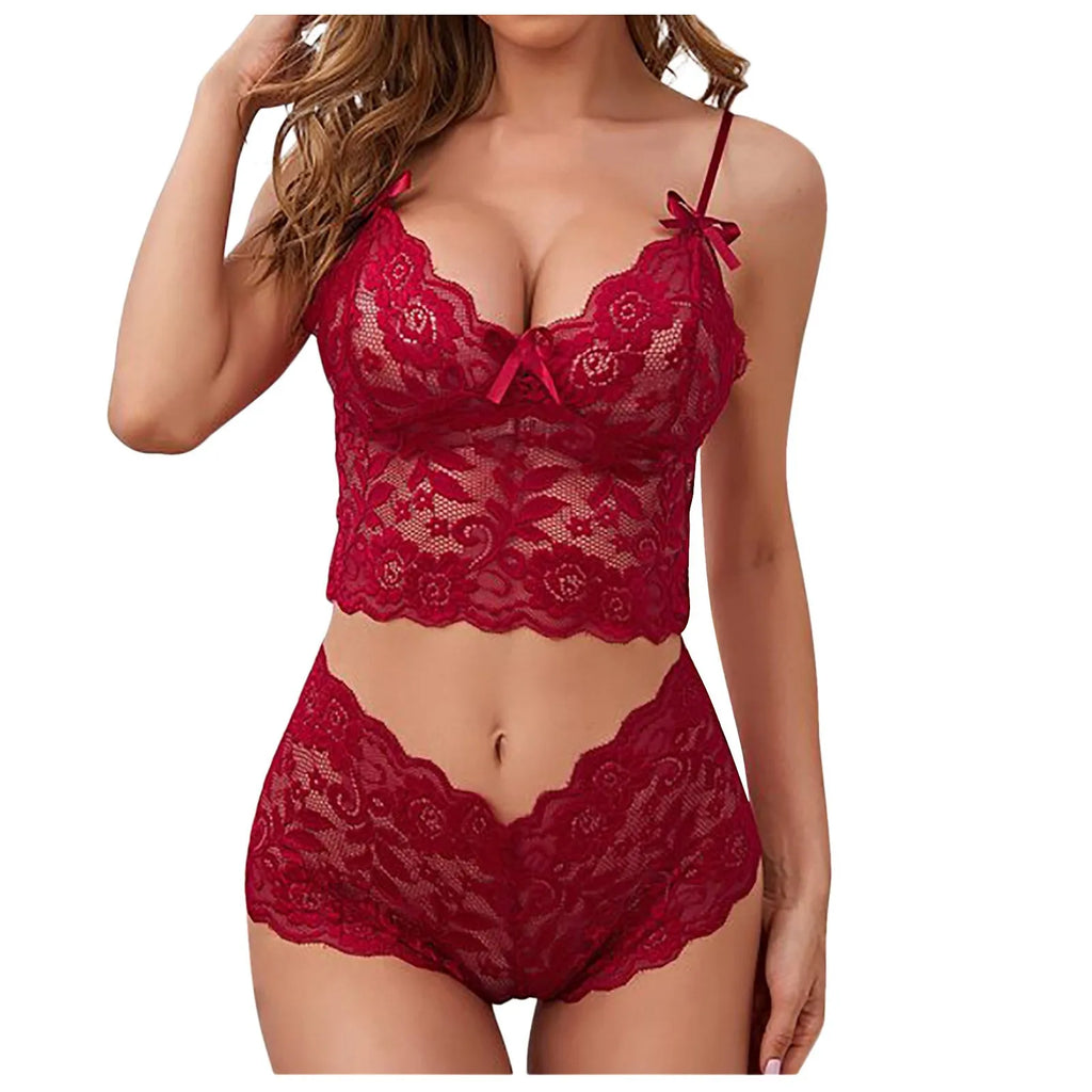 Red Bra Set For Women Transparent Erotic Underwear Hot Sexy Lingerie Woman Babydoll Dress Bra And Panties Two Piece Sets