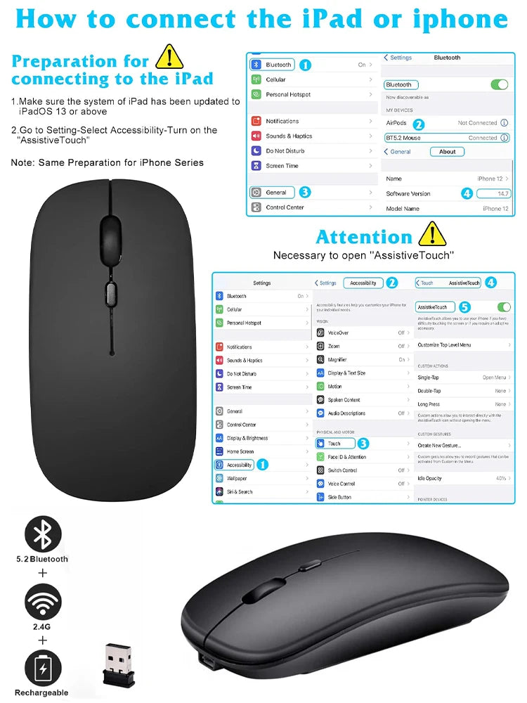 Wireless Bluetooth Mouse 2.4GHz Dual Modes RGB Rechargable Quiet Slim Wireless Mice Compatible For PC iPad Laptop PC Computer