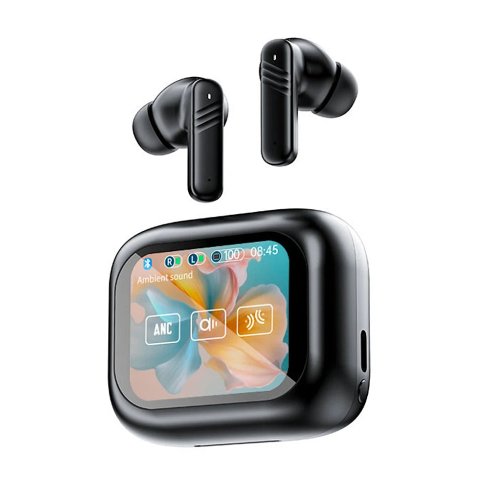 Bluetooth 5.4 ANC Headset Color Screen Touch Active Noise Cancellation Earbuds HIFI Stereo Sports Waterproof Earphones