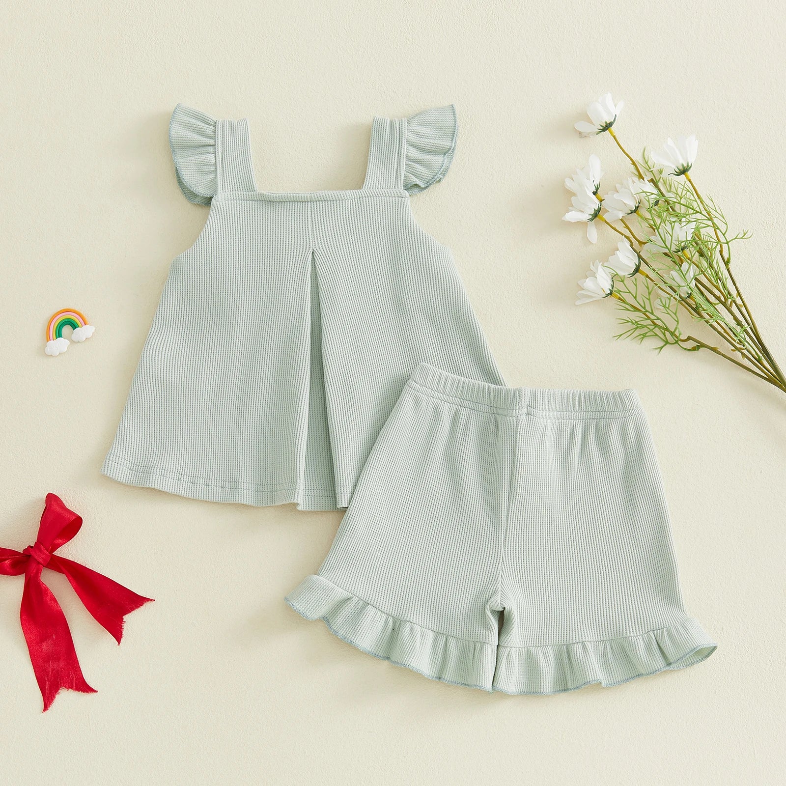 Summer Kids Girls Outfits Solid Color Flying Sleeve Tops Shorts Casual Clothes Set