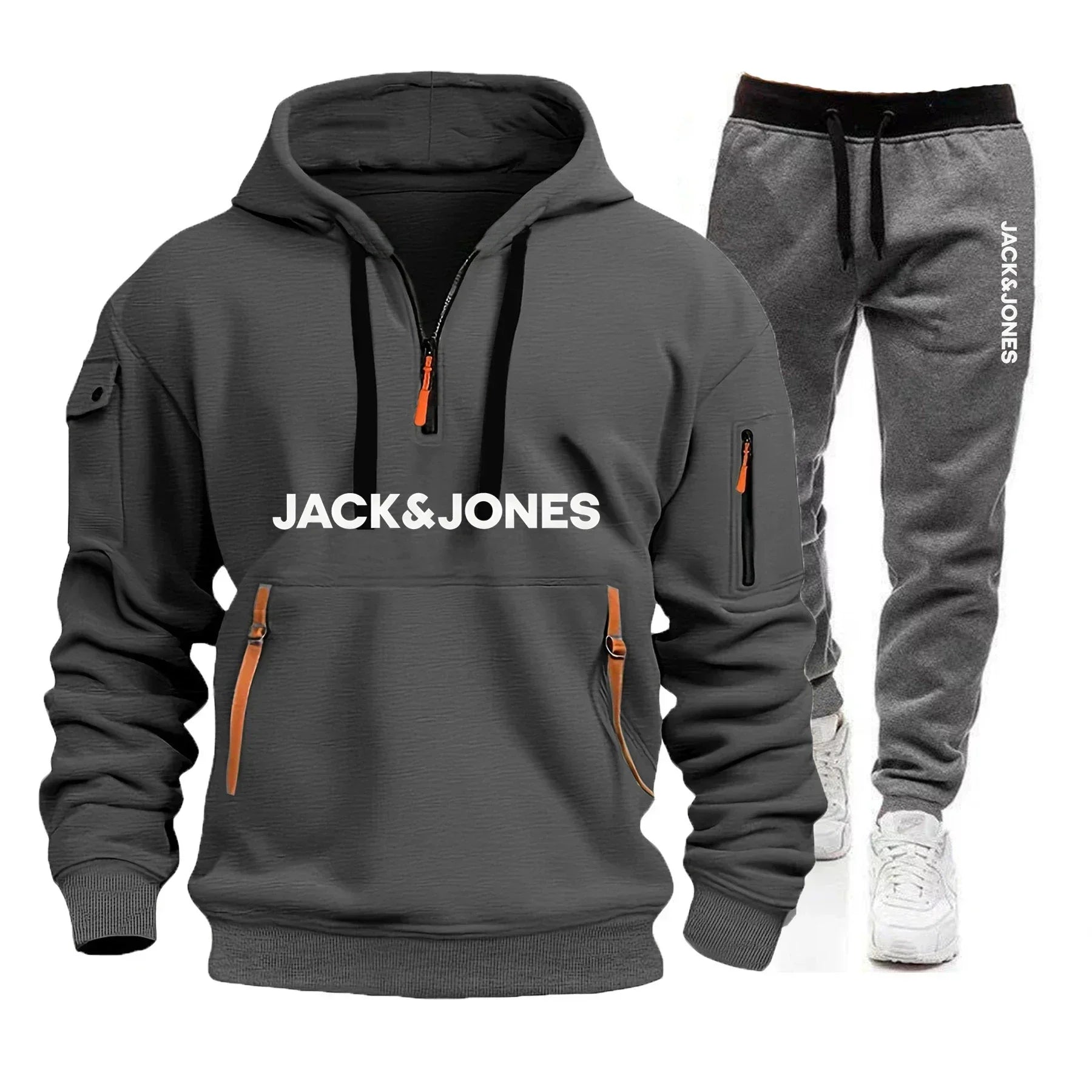 A two-piece outdoor fashion jogging and fitness set for men in autumn and winter, featuring a hooded sweatshirt and casual pants