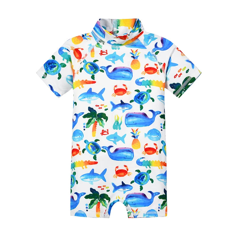 Summer Baby boy Short Sleeved Swimwear Sunscreen High Elasticity Cartoon Printing Cute And Cool Out Doors Swimming Pool  Parti
