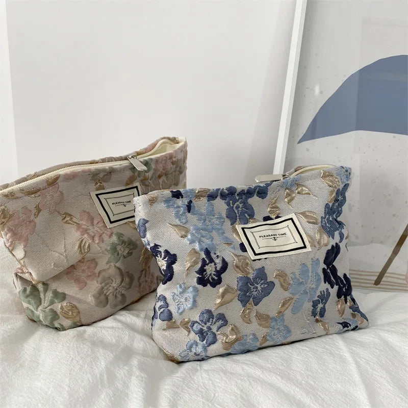 Cosmetic Bag Women Floral Makeup Case Organizer Korean Embroidery Cosmetic Pouch Travel Toiletry Bag Corduroy Canvas Beauty Case
