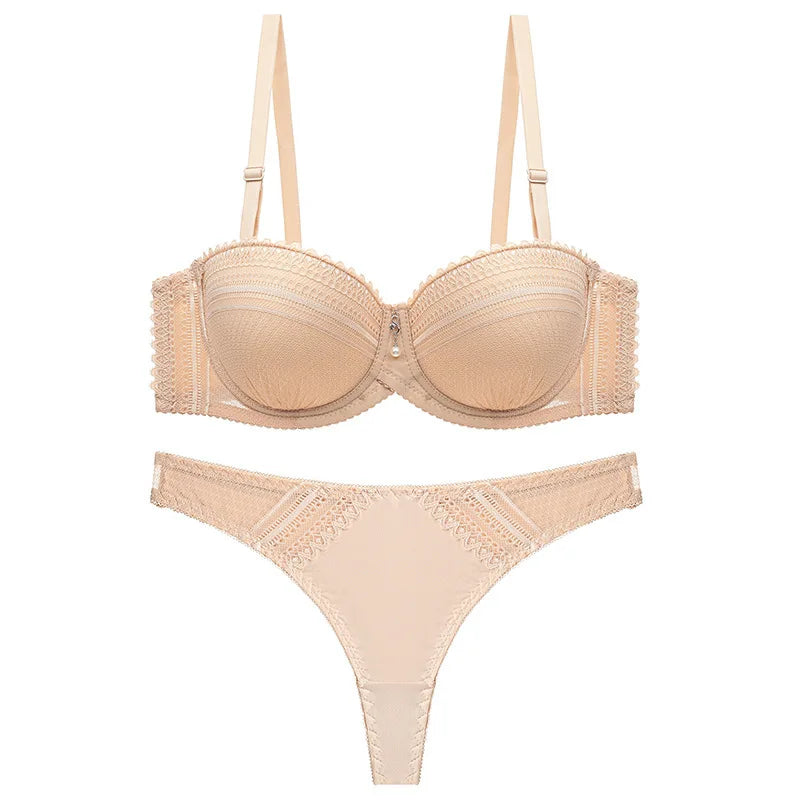 Plus Size Bras Set Women Thong 1/2 Cup Brassiere Panty Adjustable straps Push Up Soild Color Underwear Underwired Lingerie Sets